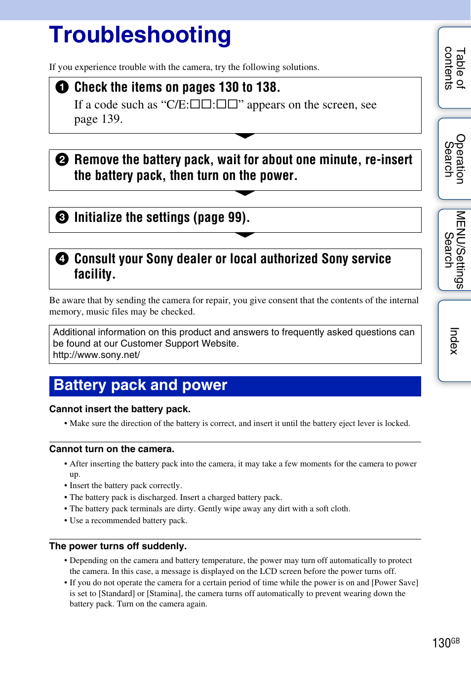 Troubleshooting, Battery pack and power | Sony DSC-TX5 User Manual | Page 130 / 150