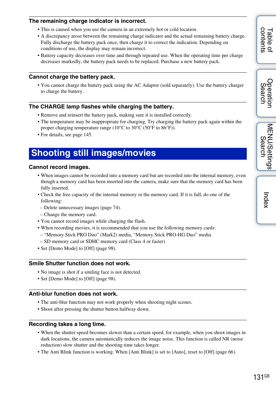 Shooting still images/movies | Sony DSC-TX5 User Manual | Page 131 / 150