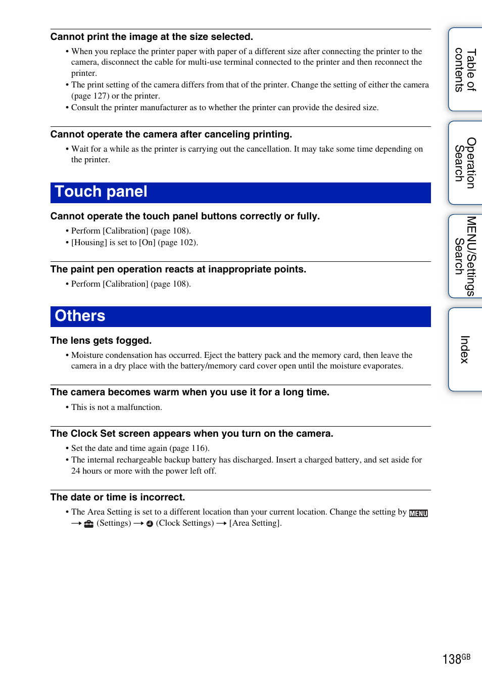 O 138, Touch panel others | Sony DSC-TX5 User Manual | Page 138 / 150