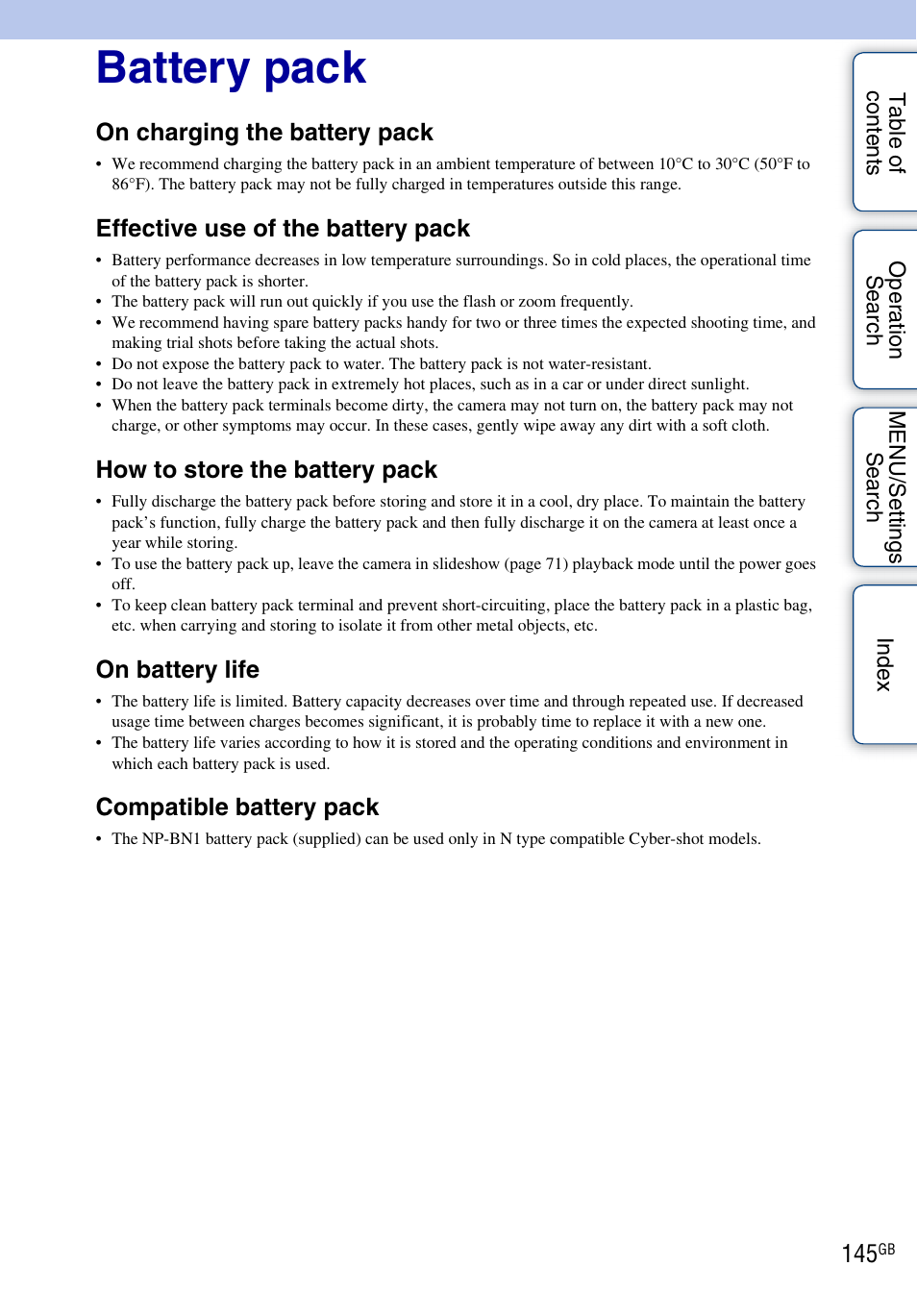 Battery pack, On charging the battery pack, Effective use of the battery pack | How to store the battery pack, On battery life, Compatible battery pack | Sony DSC-TX5 User Manual | Page 145 / 150