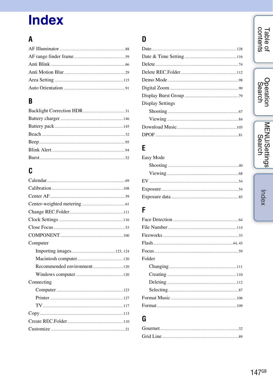 Index, De x | Sony DSC-TX5 User Manual | Page 147 / 150