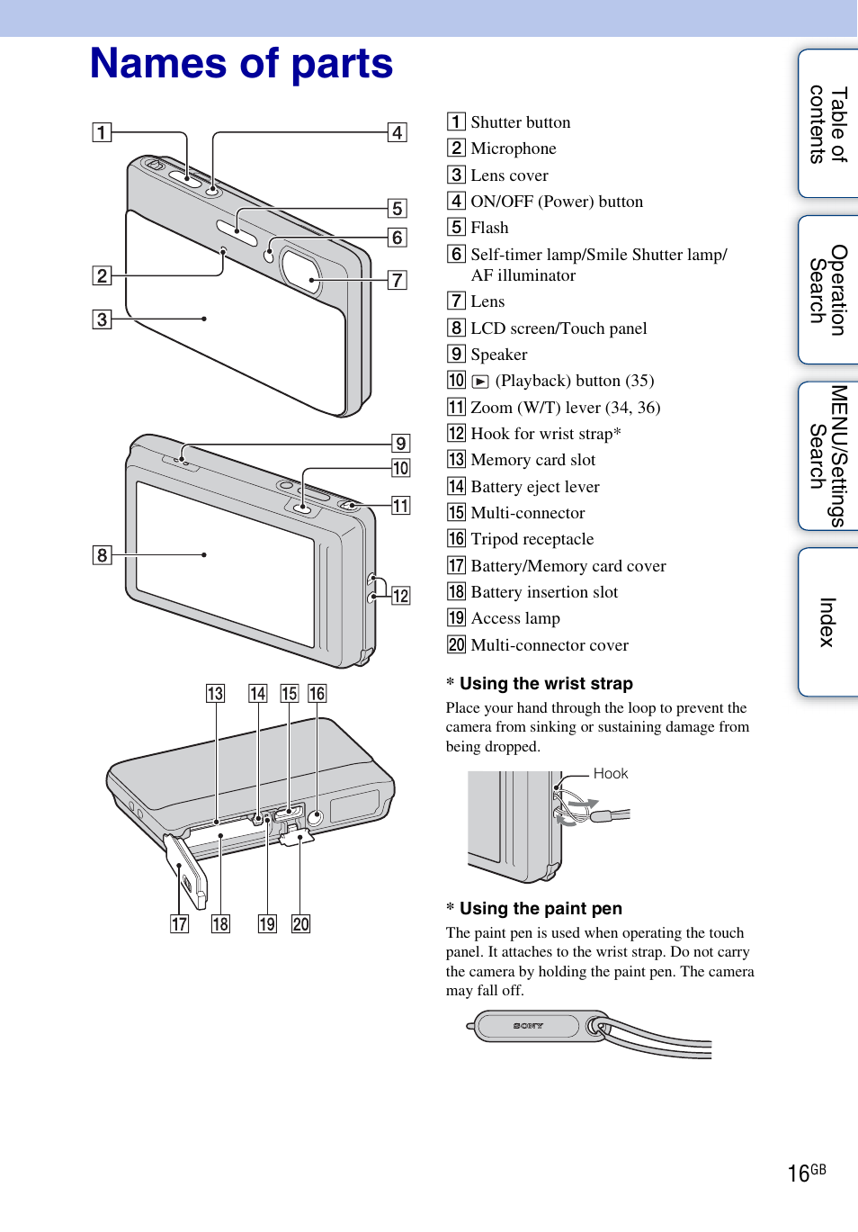 Names of parts | Sony DSC-TX5 User Manual | Page 16 / 150