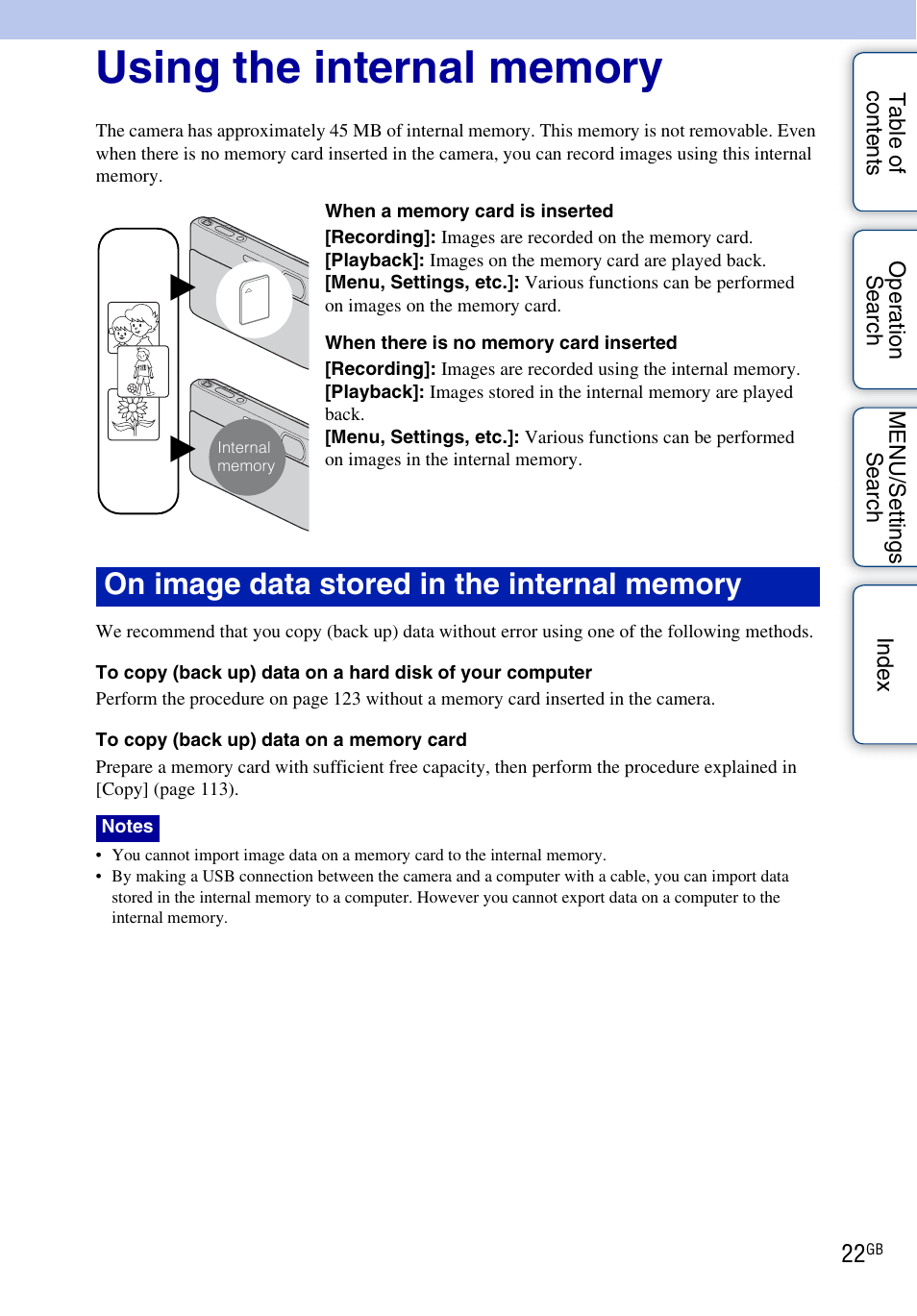 Using the internal memory | Sony DSC-TX5 User Manual | Page 22 / 150