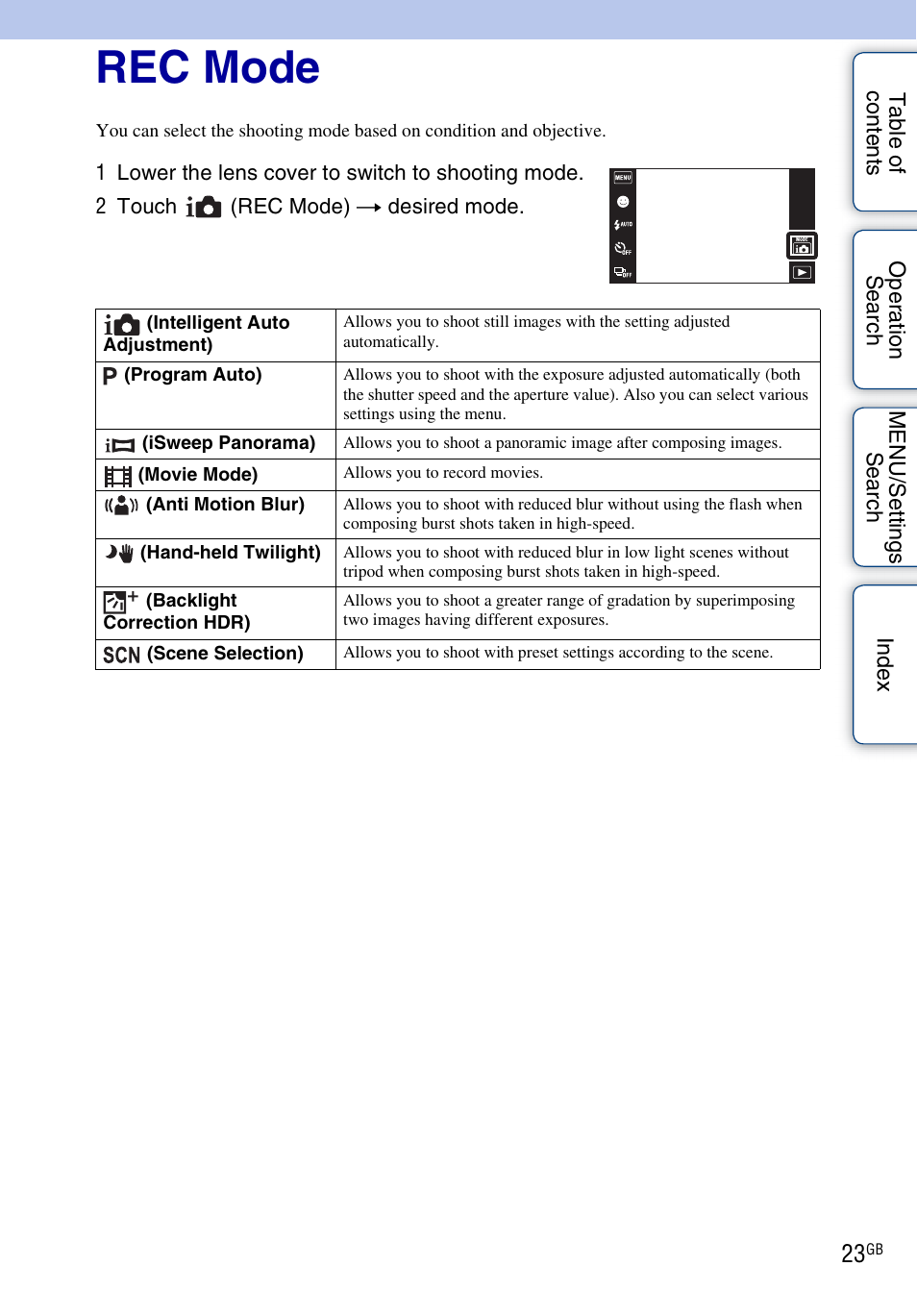 Rec mode | Sony DSC-TX5 User Manual | Page 23 / 150