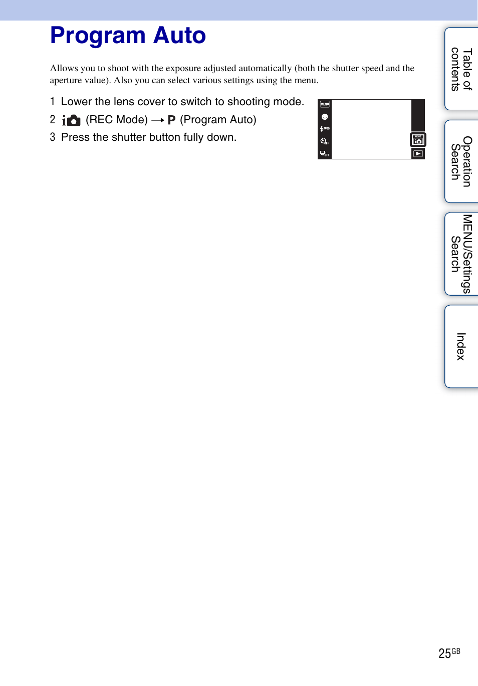 Program auto | Sony DSC-TX5 User Manual | Page 25 / 150