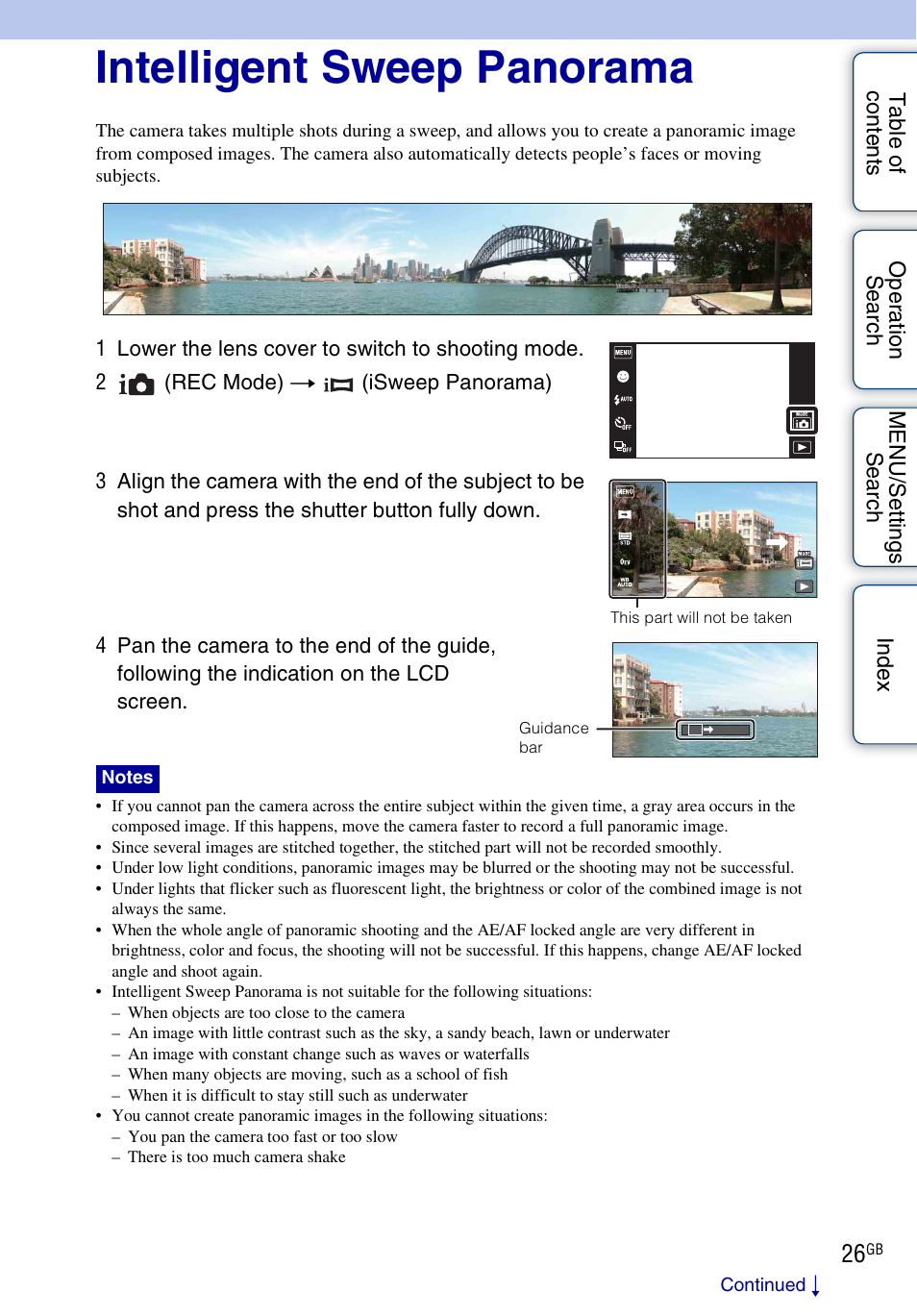 Intelligent sweep panorama | Sony DSC-TX5 User Manual | Page 26 / 150