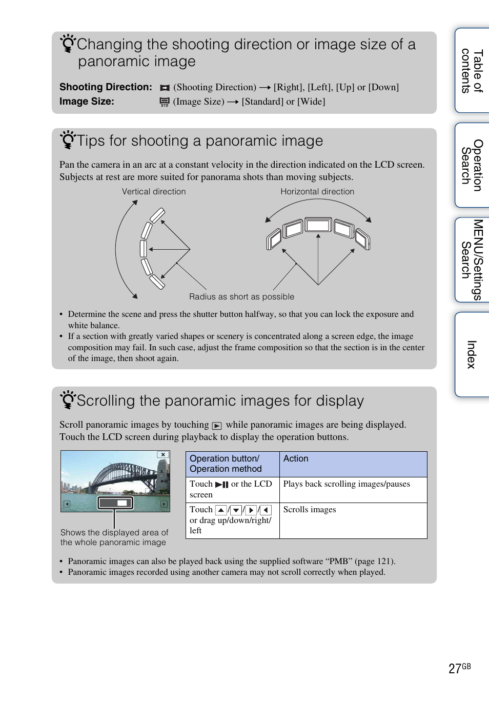 Tips for shooting a panoramic image, Scrolling the panoramic images for display | Sony DSC-TX5 User Manual | Page 27 / 150