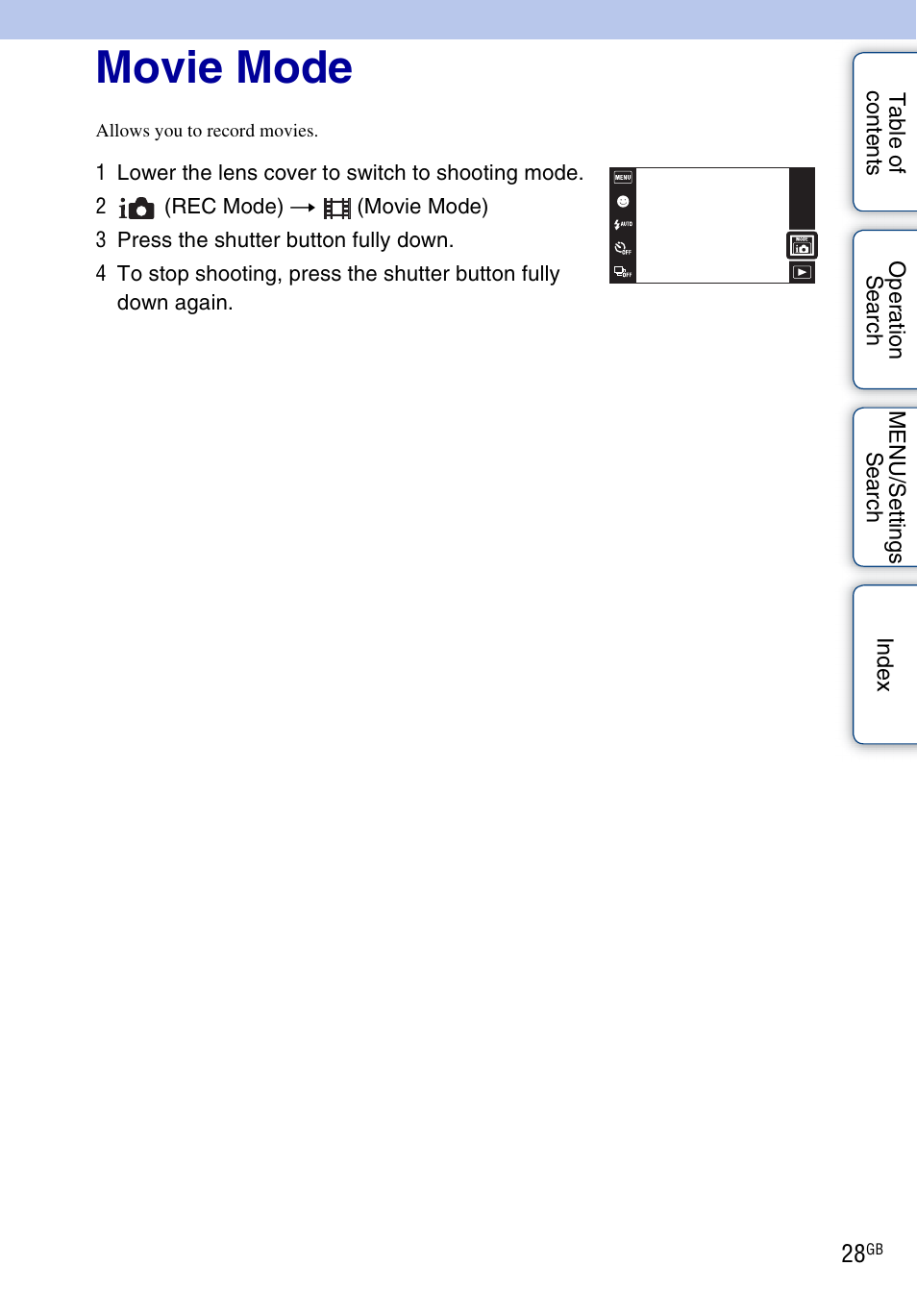 Movie mode | Sony DSC-TX5 User Manual | Page 28 / 150
