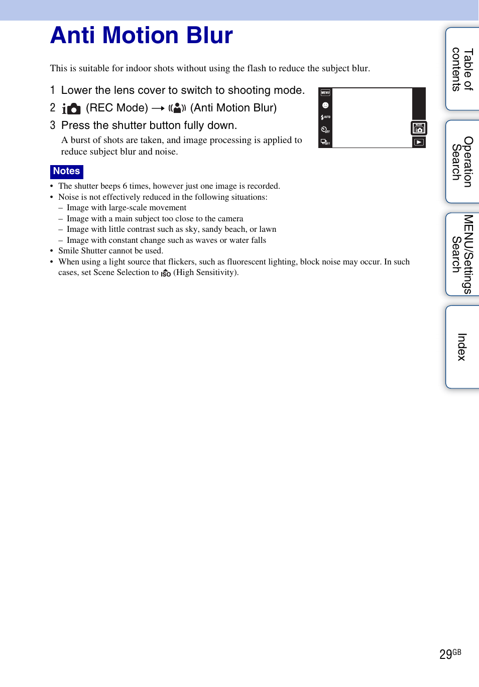 Anti motion blur | Sony DSC-TX5 User Manual | Page 29 / 150