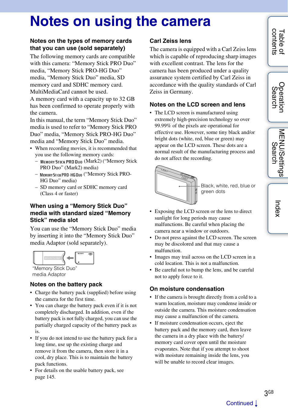 Notes on using the camera | Sony DSC-TX5 User Manual | Page 3 / 150