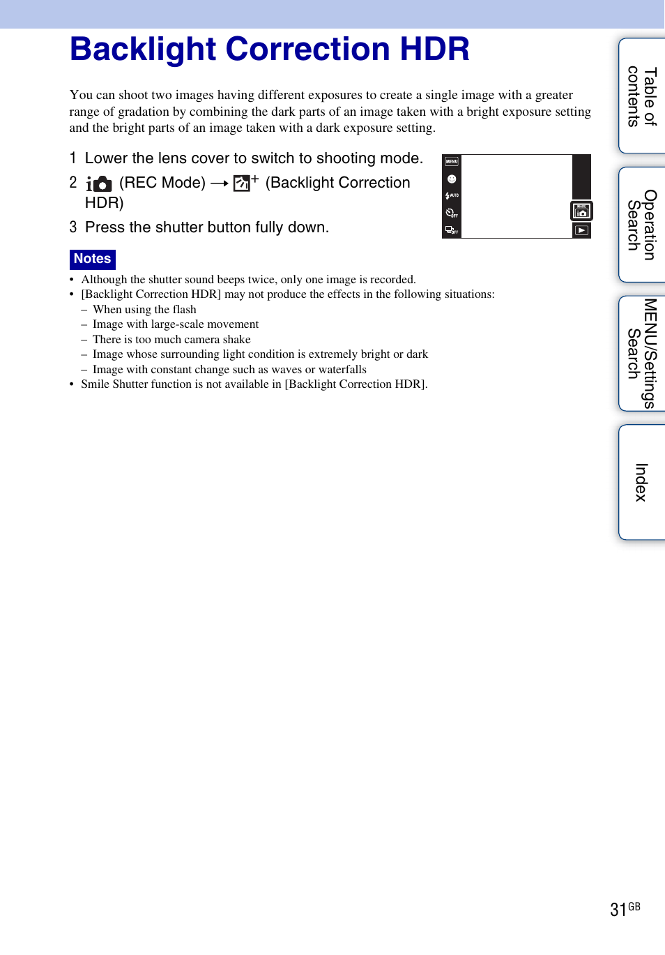 Backlight correction hdr | Sony DSC-TX5 User Manual | Page 31 / 150