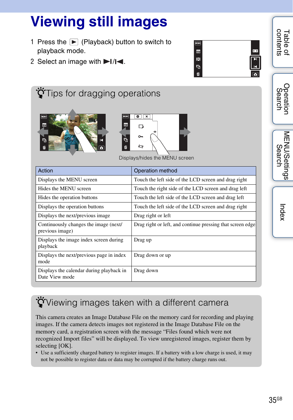 Viewing still images, Tips for dragging operations, Viewing images taken with a different camera | Sony DSC-TX5 User Manual | Page 35 / 150