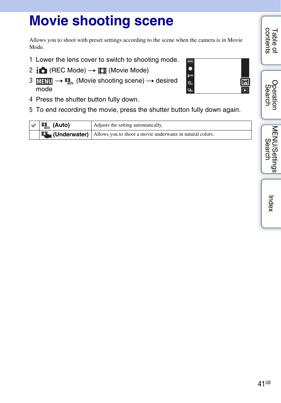 Movie shooting scene | Sony DSC-TX5 User Manual | Page 41 / 150