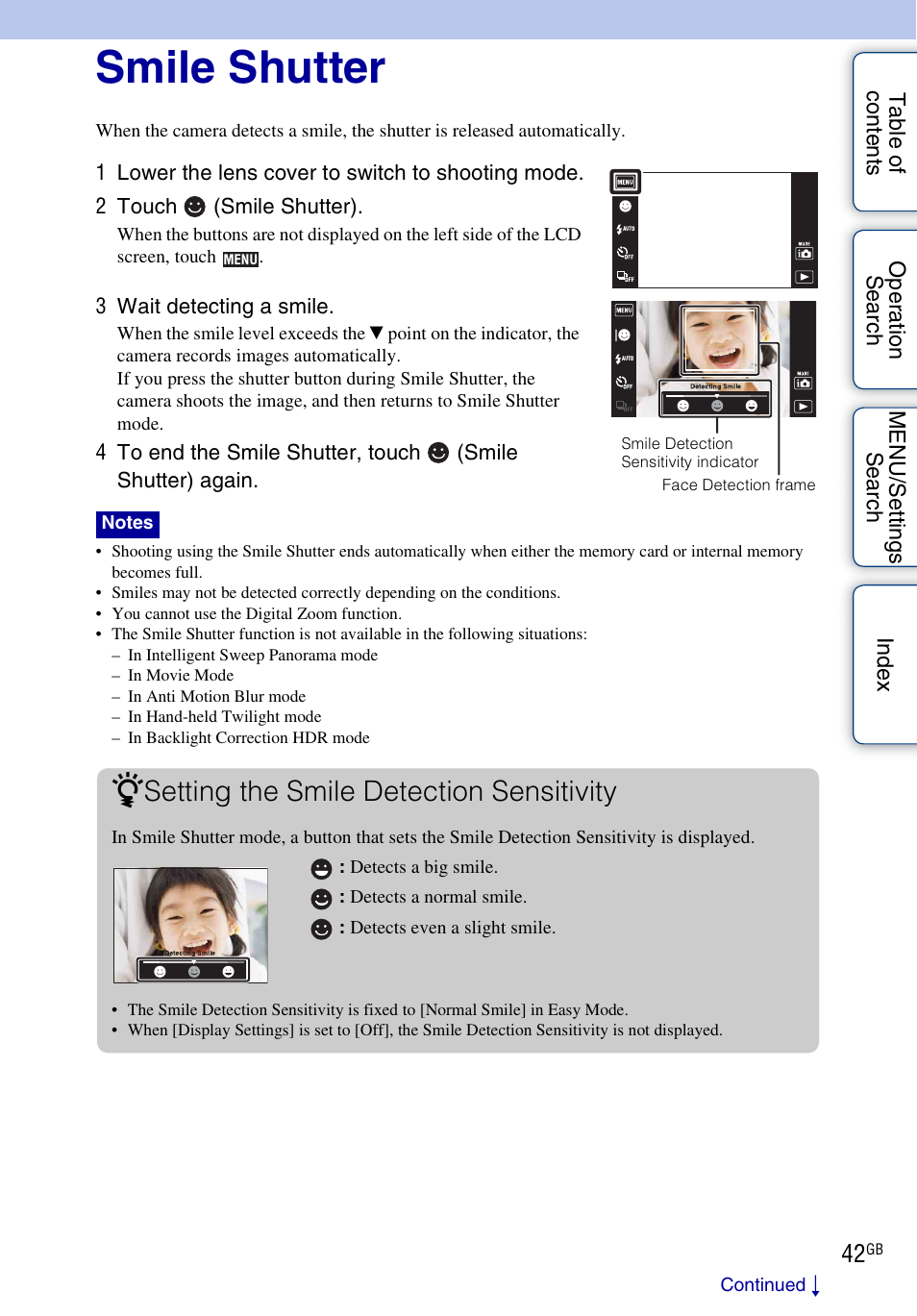 Smile shutter, Setting the smile detection sensitivity | Sony DSC-TX5 User Manual | Page 42 / 150