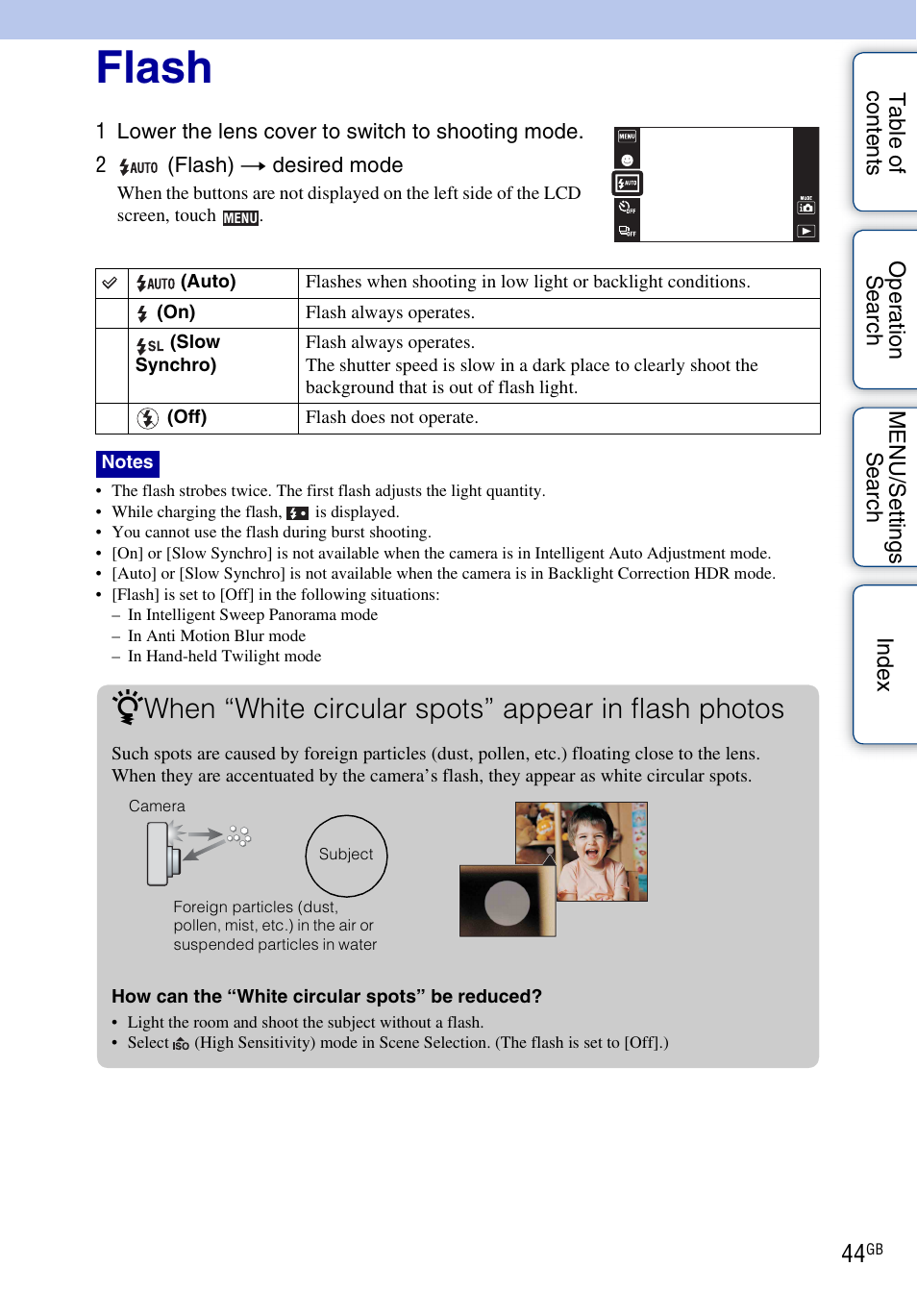 Flash, When “white circular spots” appear in flash photos | Sony DSC-TX5 User Manual | Page 44 / 150