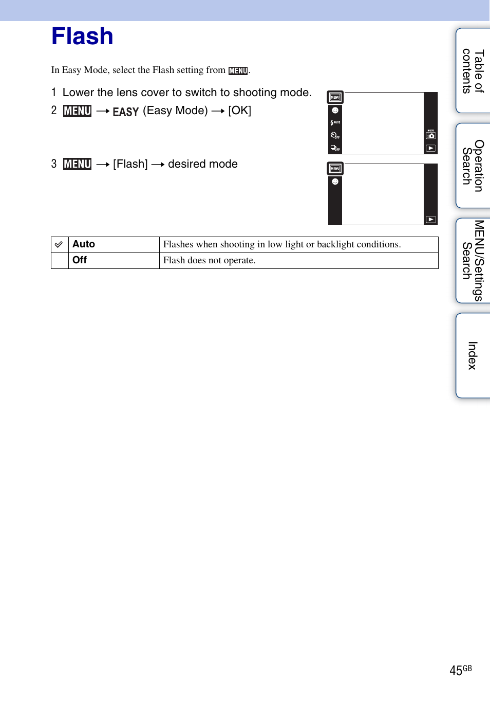 Flash | Sony DSC-TX5 User Manual | Page 45 / 150