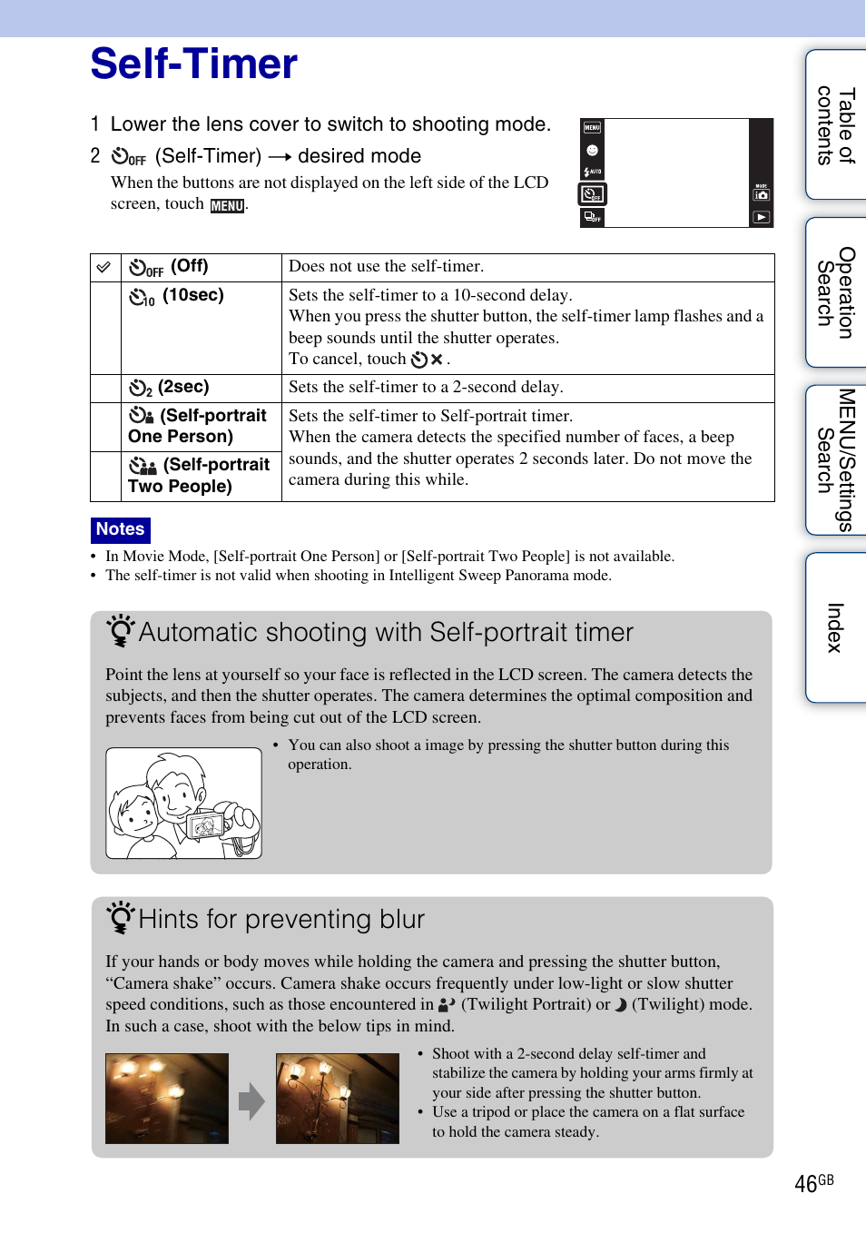 Self-timer, Automatic shooting with self-portrait timer, Hints for preventing blur | Sony DSC-TX5 User Manual | Page 46 / 150