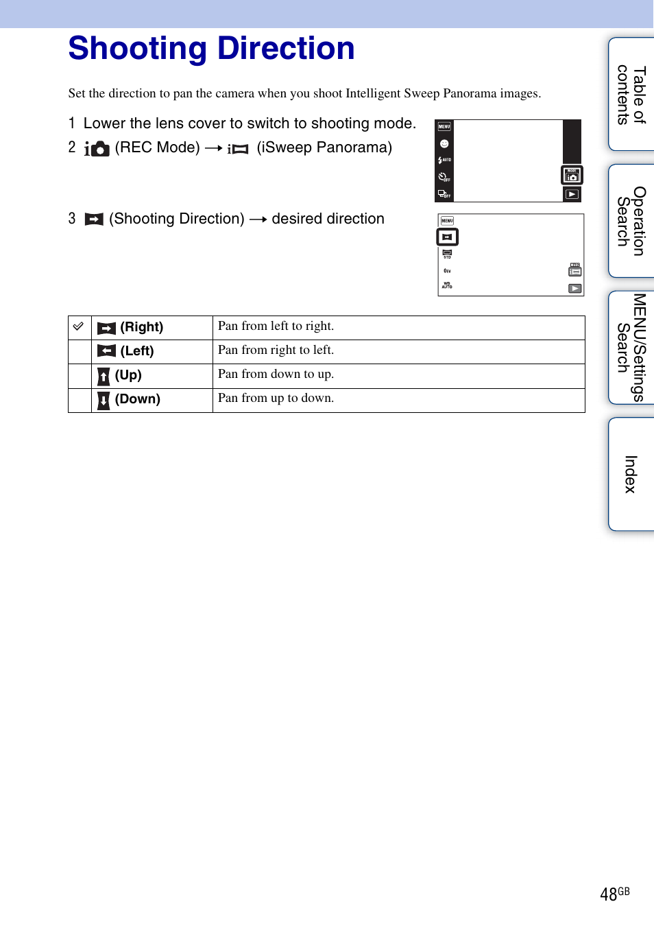Shooting direction | Sony DSC-TX5 User Manual | Page 48 / 150