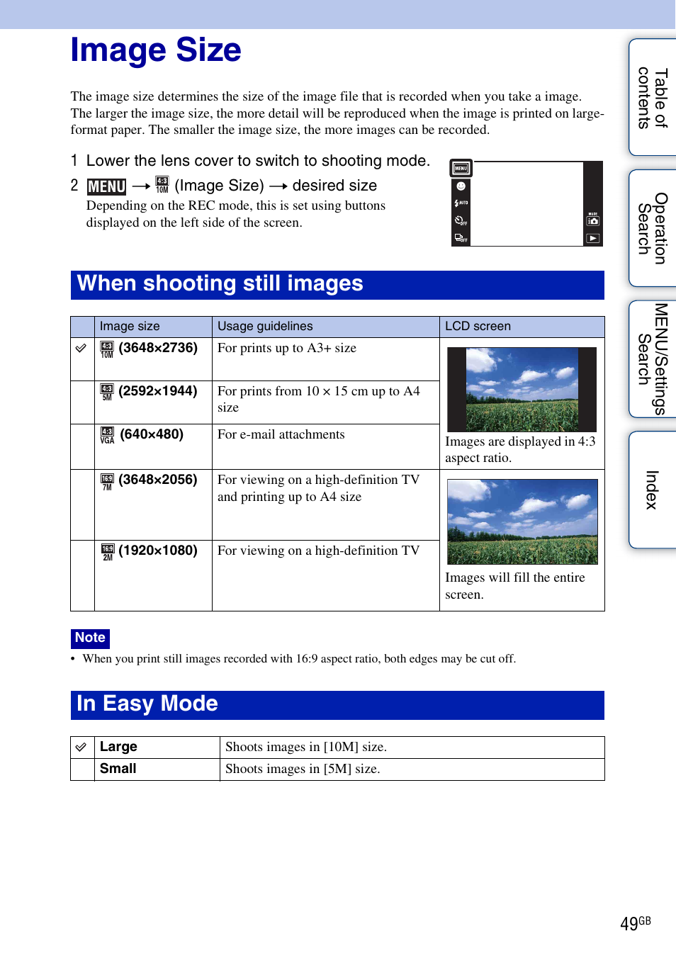 Image size, When shooting still images | Sony DSC-TX5 User Manual | Page 49 / 150