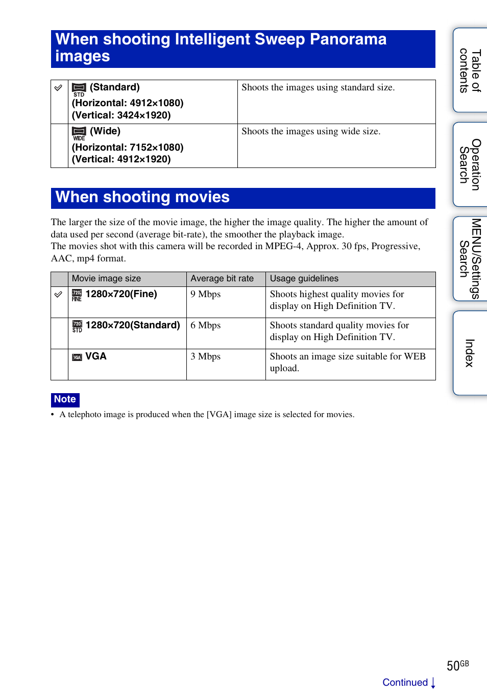 When shooting intelligent sweep panorama images, When shooting movies | Sony DSC-TX5 User Manual | Page 50 / 150