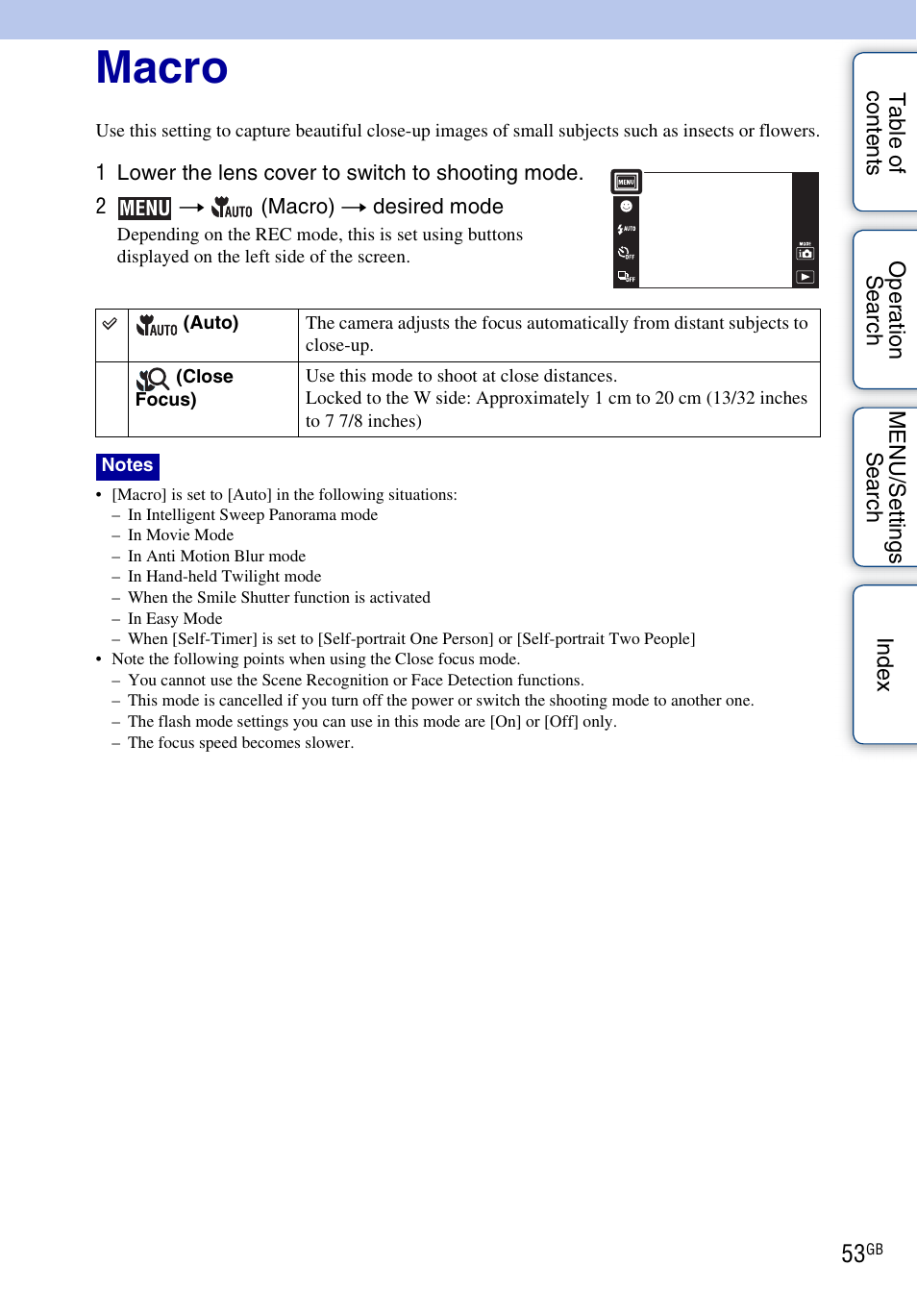 Macro | Sony DSC-TX5 User Manual | Page 53 / 150