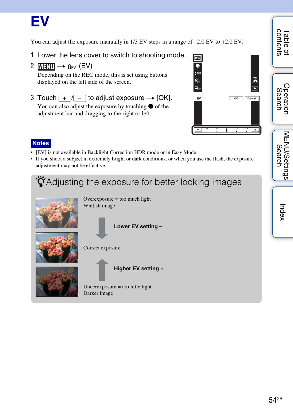 Adjusting the exposure for better looking images | Sony DSC-TX5 User Manual | Page 54 / 150