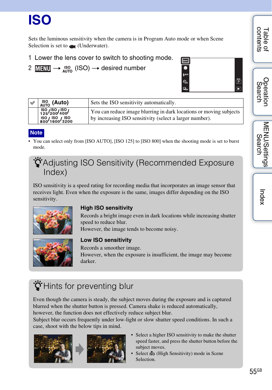 Hints for preventing blur | Sony DSC-TX5 User Manual | Page 55 / 150