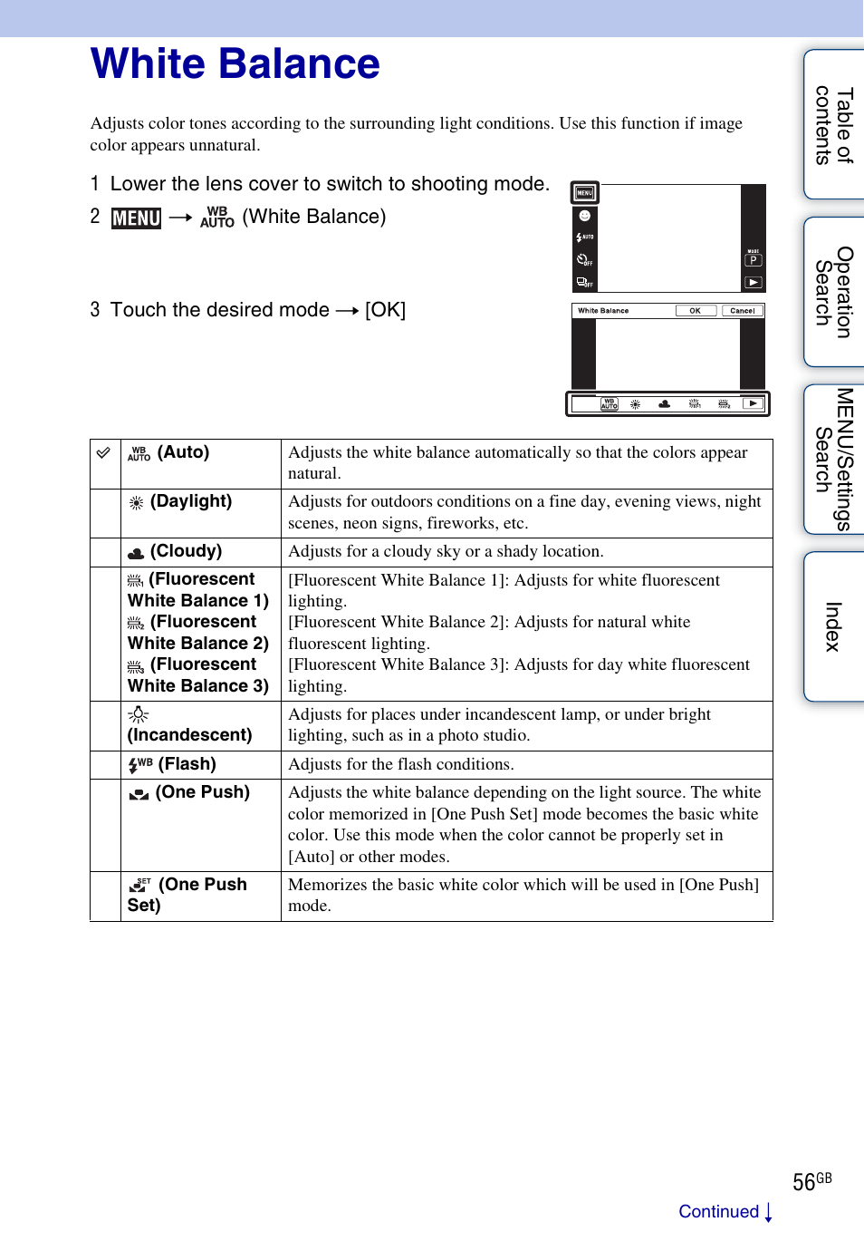 White balance | Sony DSC-TX5 User Manual | Page 56 / 150