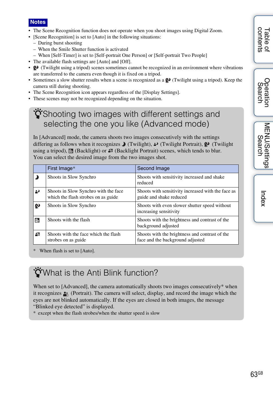 What is the anti blink function | Sony DSC-TX5 User Manual | Page 63 / 150