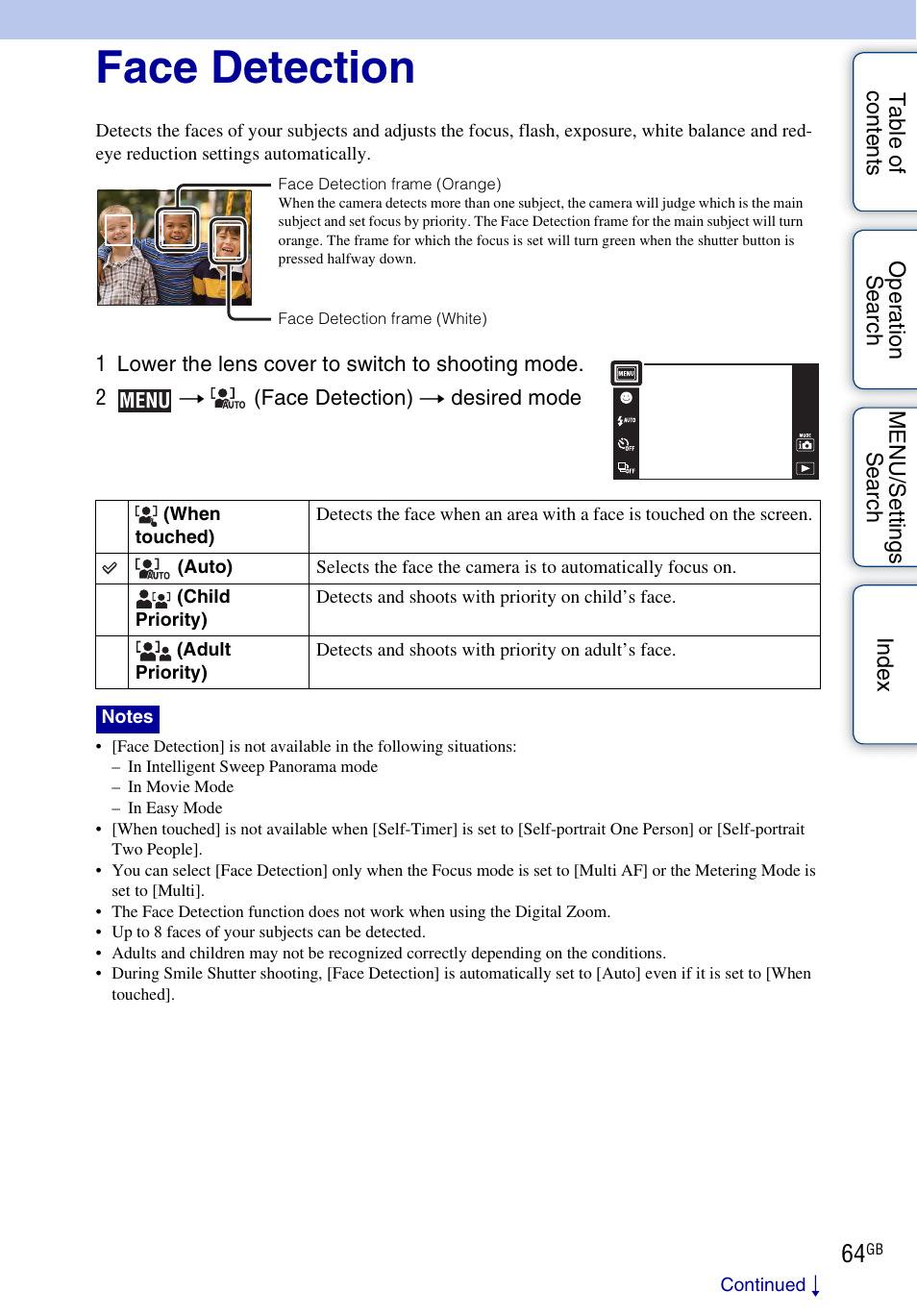 Face detection | Sony DSC-TX5 User Manual | Page 64 / 150