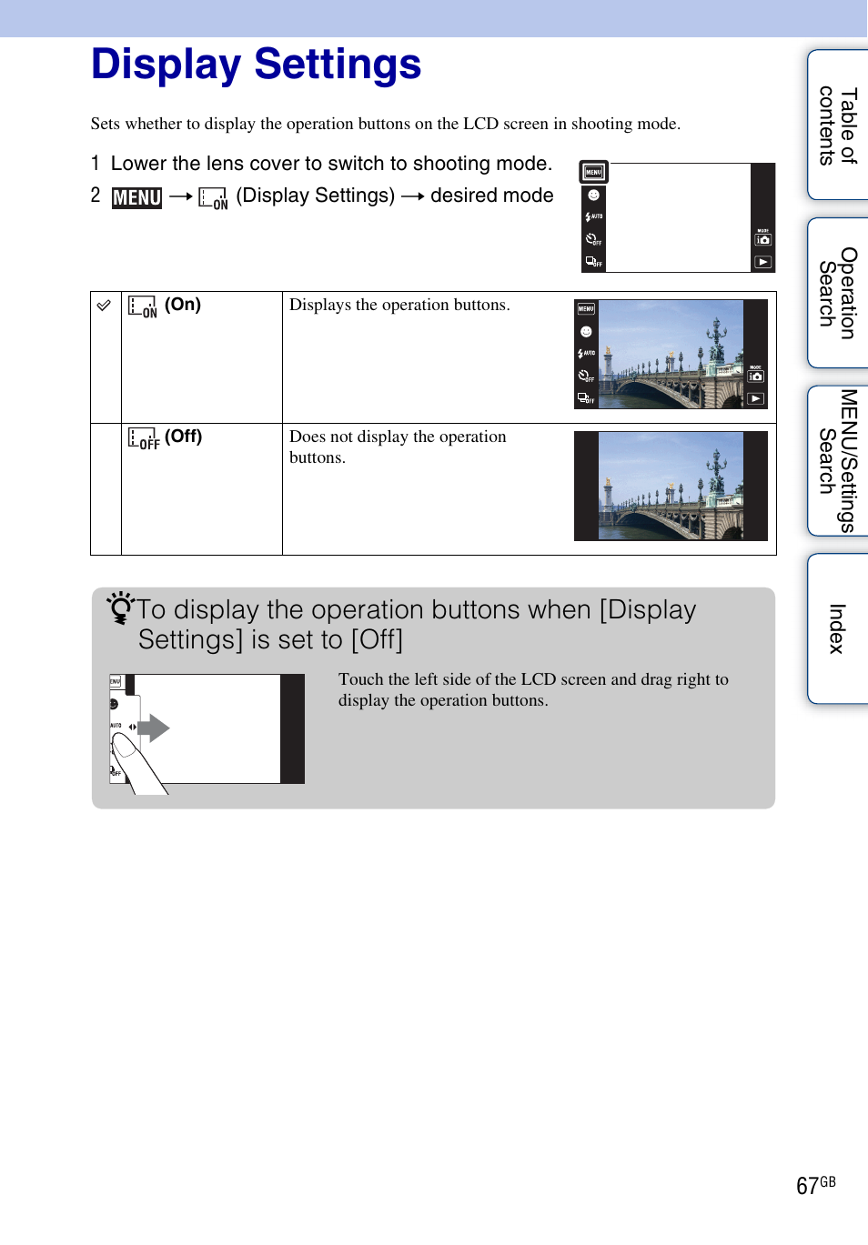 Display settings | Sony DSC-TX5 User Manual | Page 67 / 150