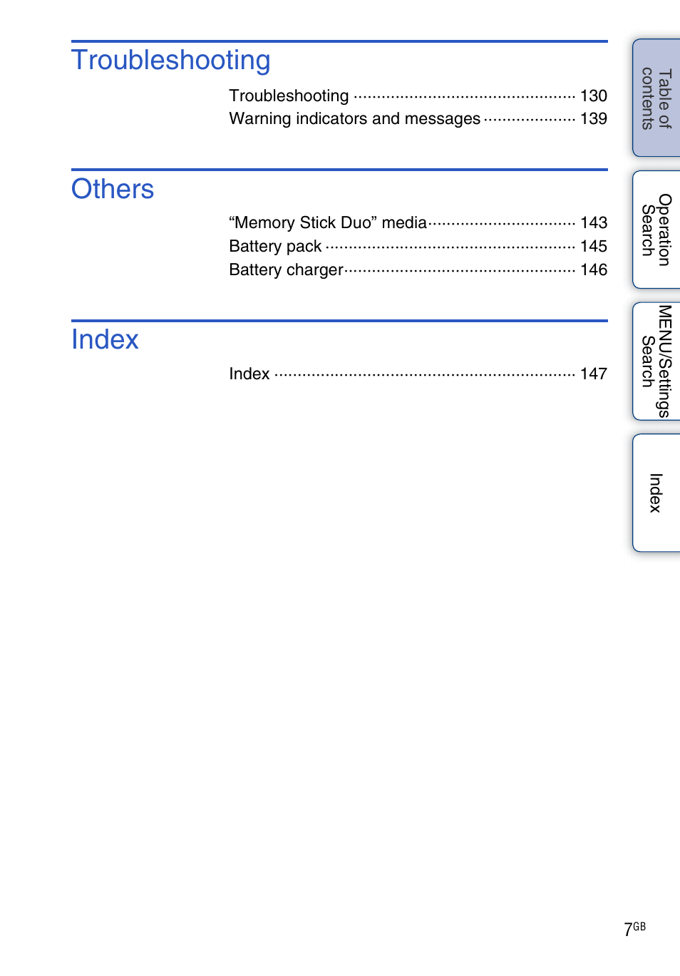 Troubleshooting, Others, Index | Sony DSC-TX5 User Manual | Page 7 / 150