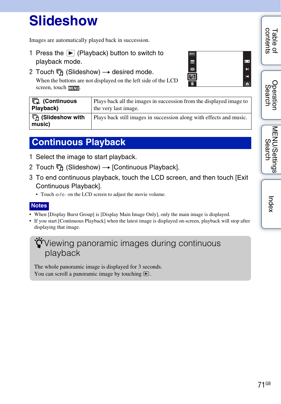 Slideshow, Continuous playback | Sony DSC-TX5 User Manual | Page 71 / 150