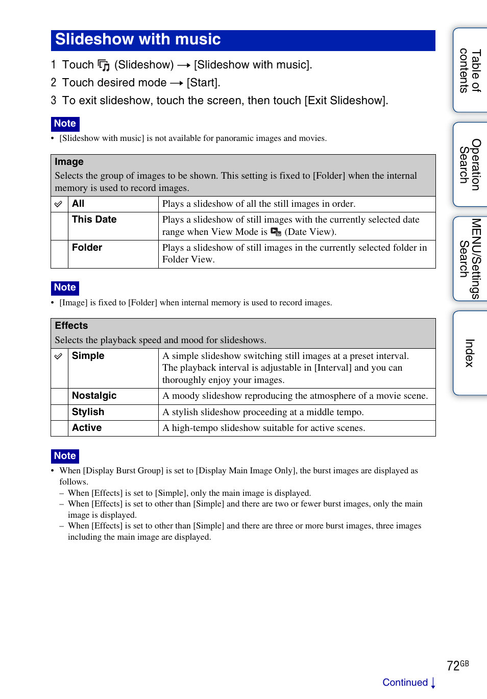 Slideshow with music | Sony DSC-TX5 User Manual | Page 72 / 150