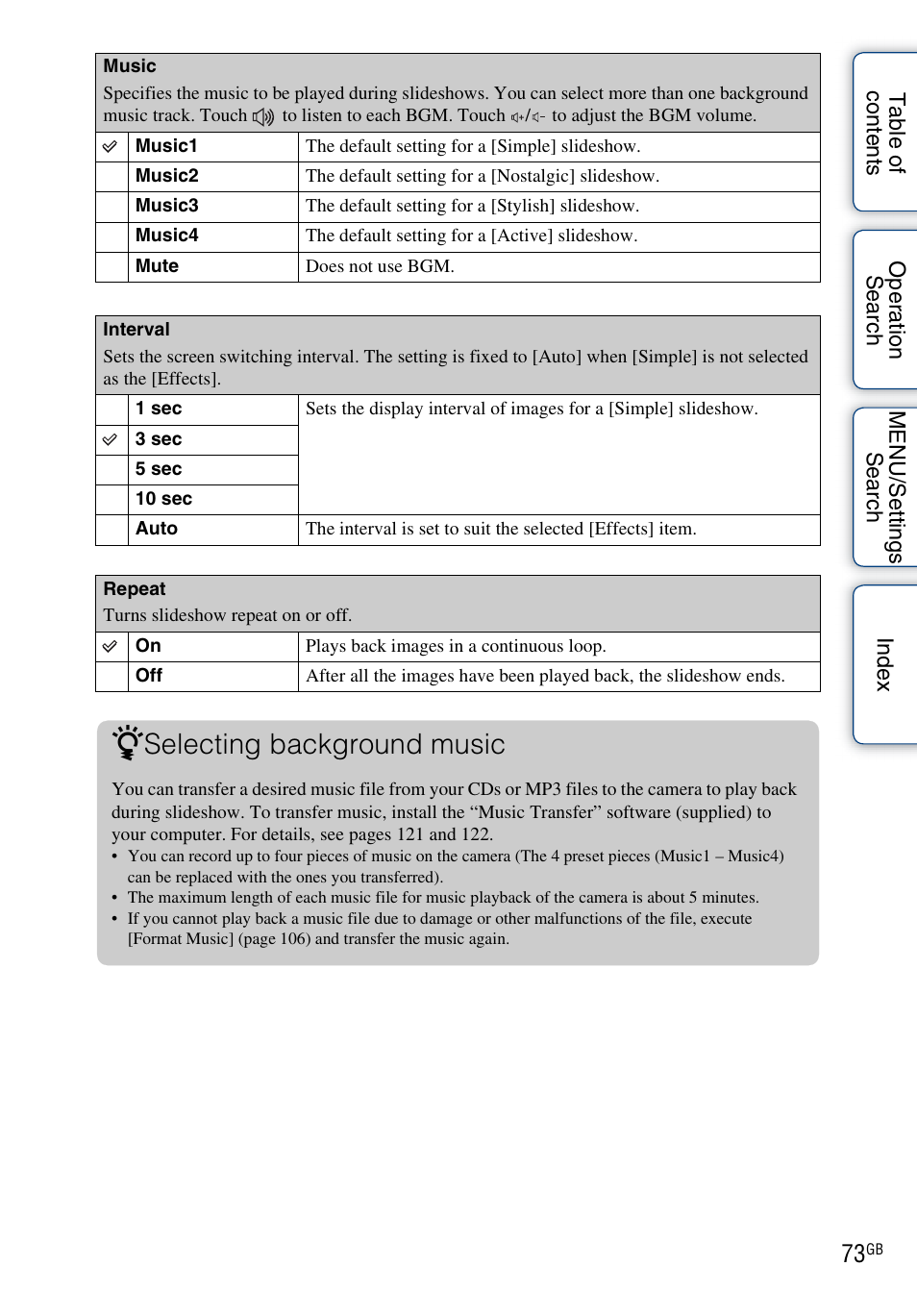Selecting background music | Sony DSC-TX5 User Manual | Page 73 / 150