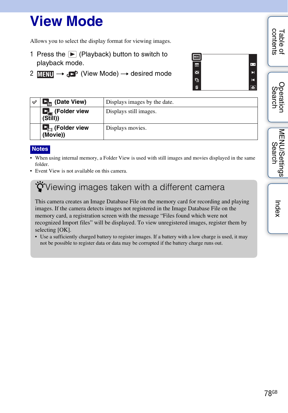View mode, View mode), Viewing images taken with a different camera | Sony DSC-TX5 User Manual | Page 78 / 150