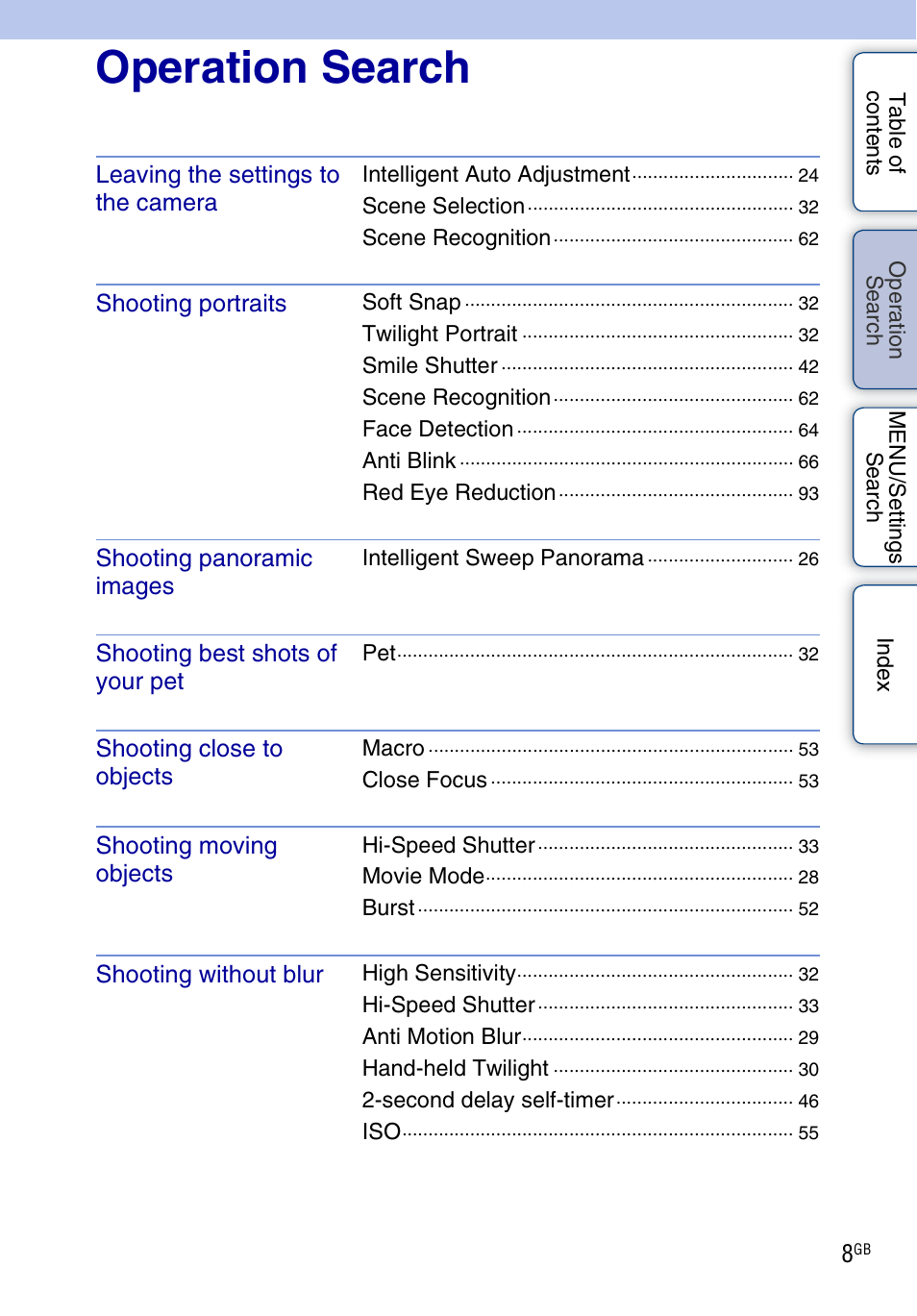 Operation search, Perat, Earc | Sony DSC-TX5 User Manual | Page 8 / 150