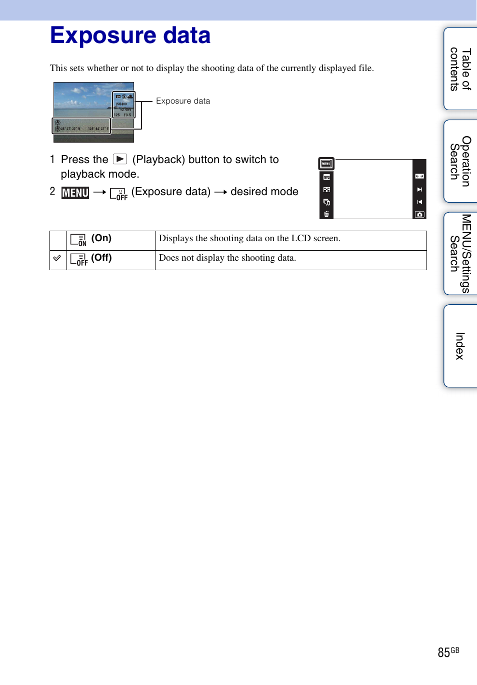 Exposure data | Sony DSC-TX5 User Manual | Page 85 / 150