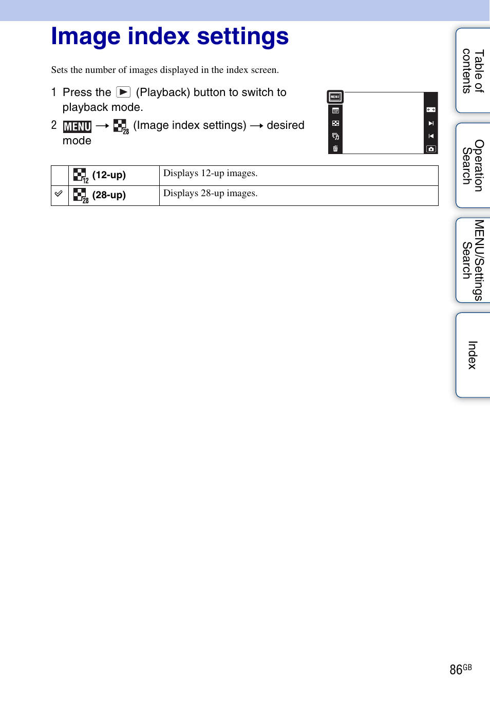 Image index settings | Sony DSC-TX5 User Manual | Page 86 / 150