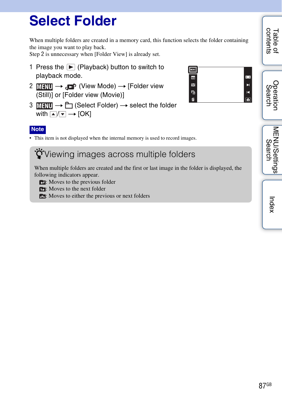 Select folder, Select folder), Viewing images across multiple folders | Sony DSC-TX5 User Manual | Page 87 / 150