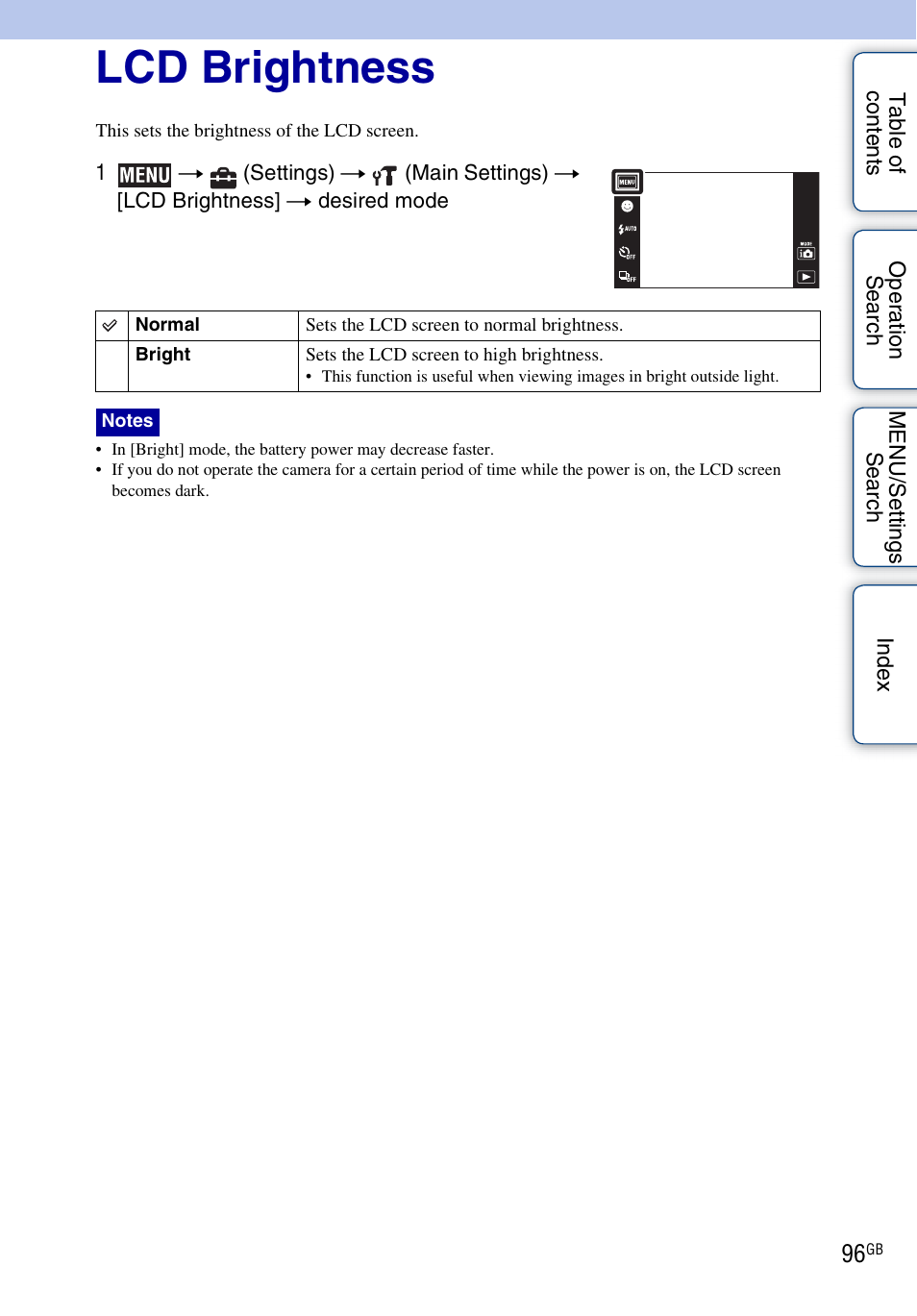 Lcd brightness | Sony DSC-TX5 User Manual | Page 96 / 150