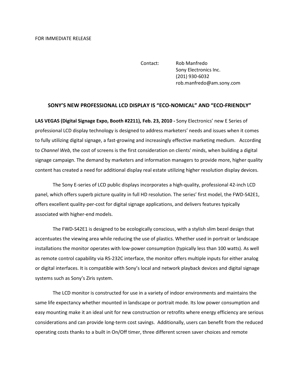 Sony FWD-S42E1 User Manual | 2 pages