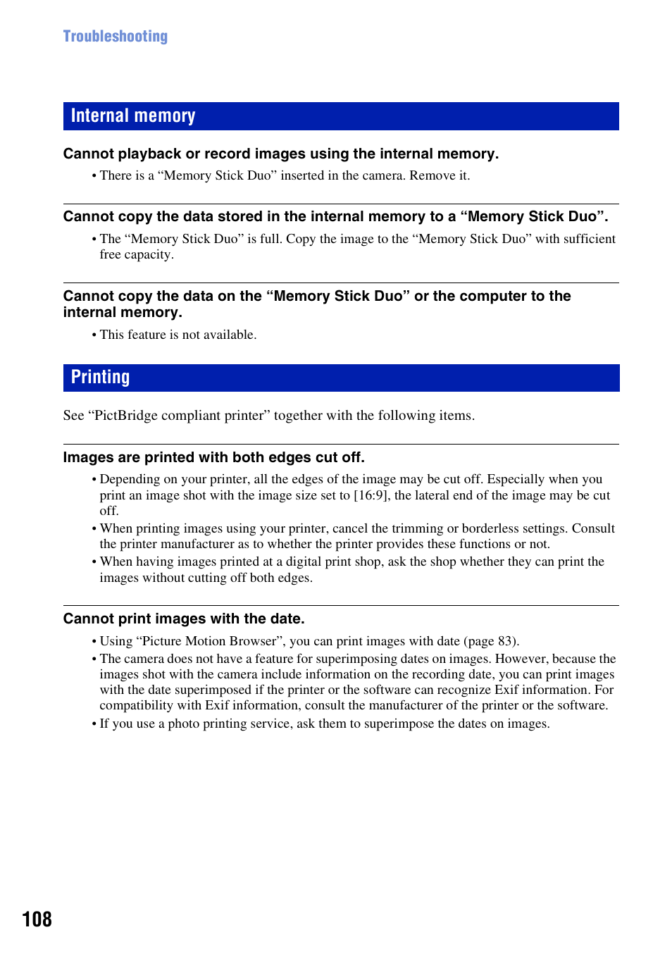 Internal memory, Printing | Sony DSC-H10 User Manual | Page 108 / 123