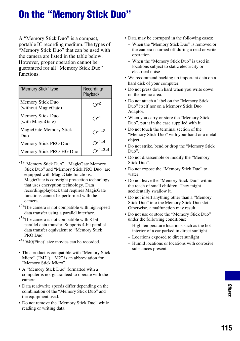 On the “memory stick duo | Sony DSC-H10 User Manual | Page 115 / 123