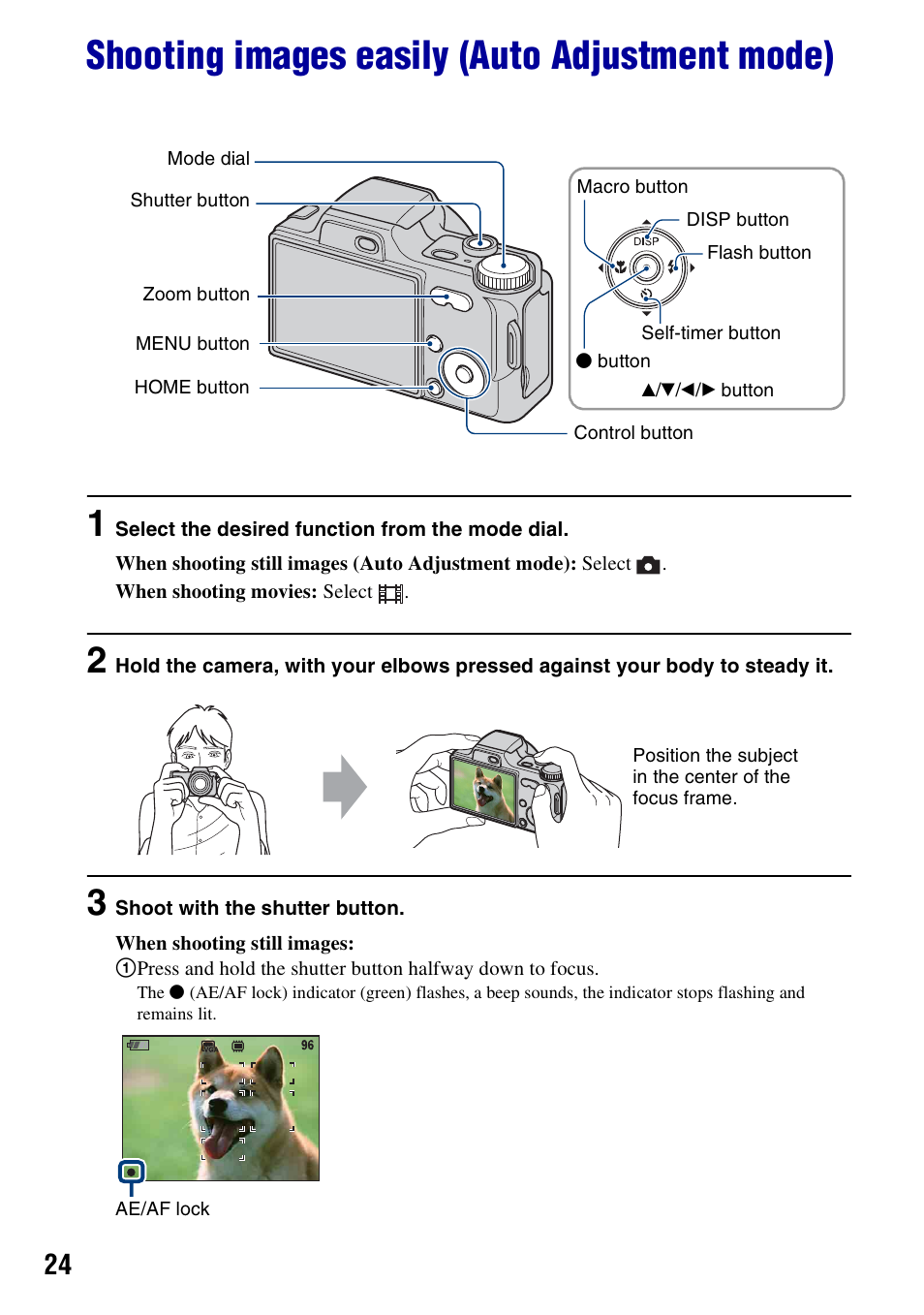 Shooting images easily (auto adjustment mode), On (24) | Sony DSC-H10 User Manual | Page 24 / 123