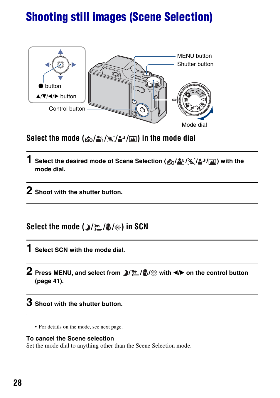 Shooting still images (scene selection) | Sony DSC-H10 User Manual | Page 28 / 123