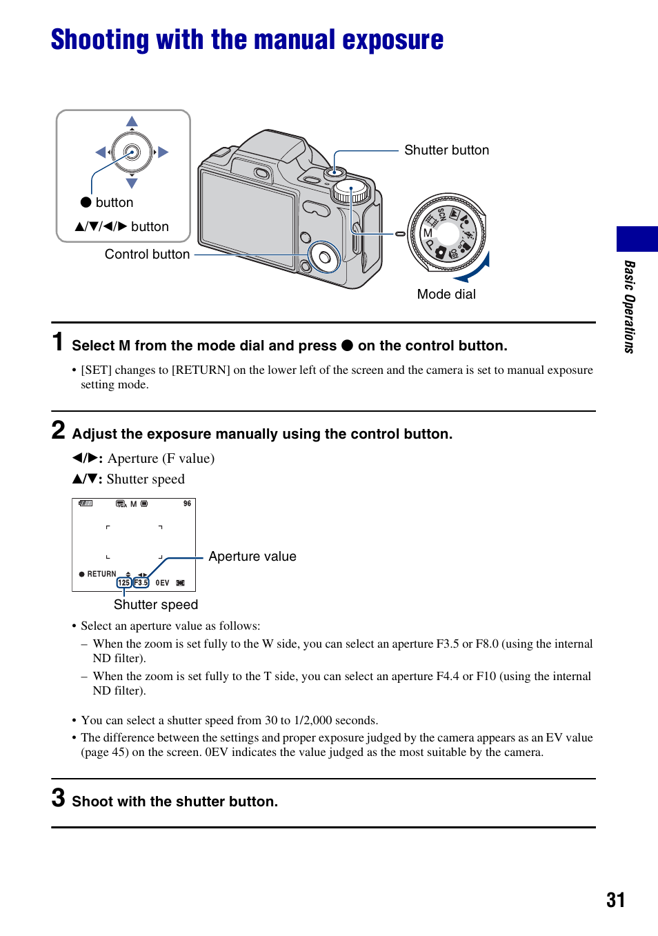 Shooting with the manual exposure | Sony DSC-H10 User Manual | Page 31 / 123