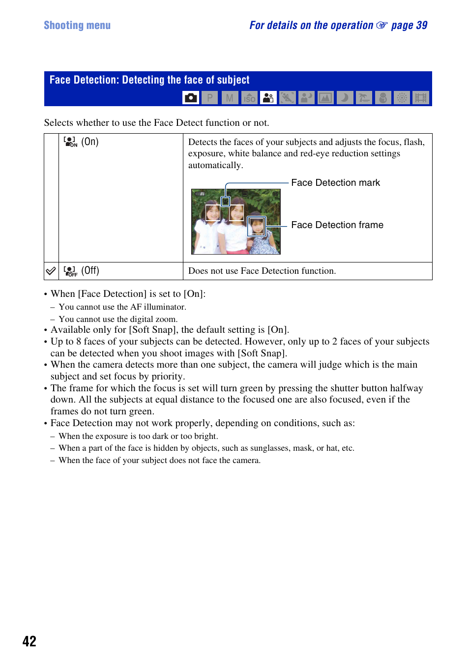 Face detection: detecting the face of subject | Sony DSC-H10 User Manual | Page 42 / 123