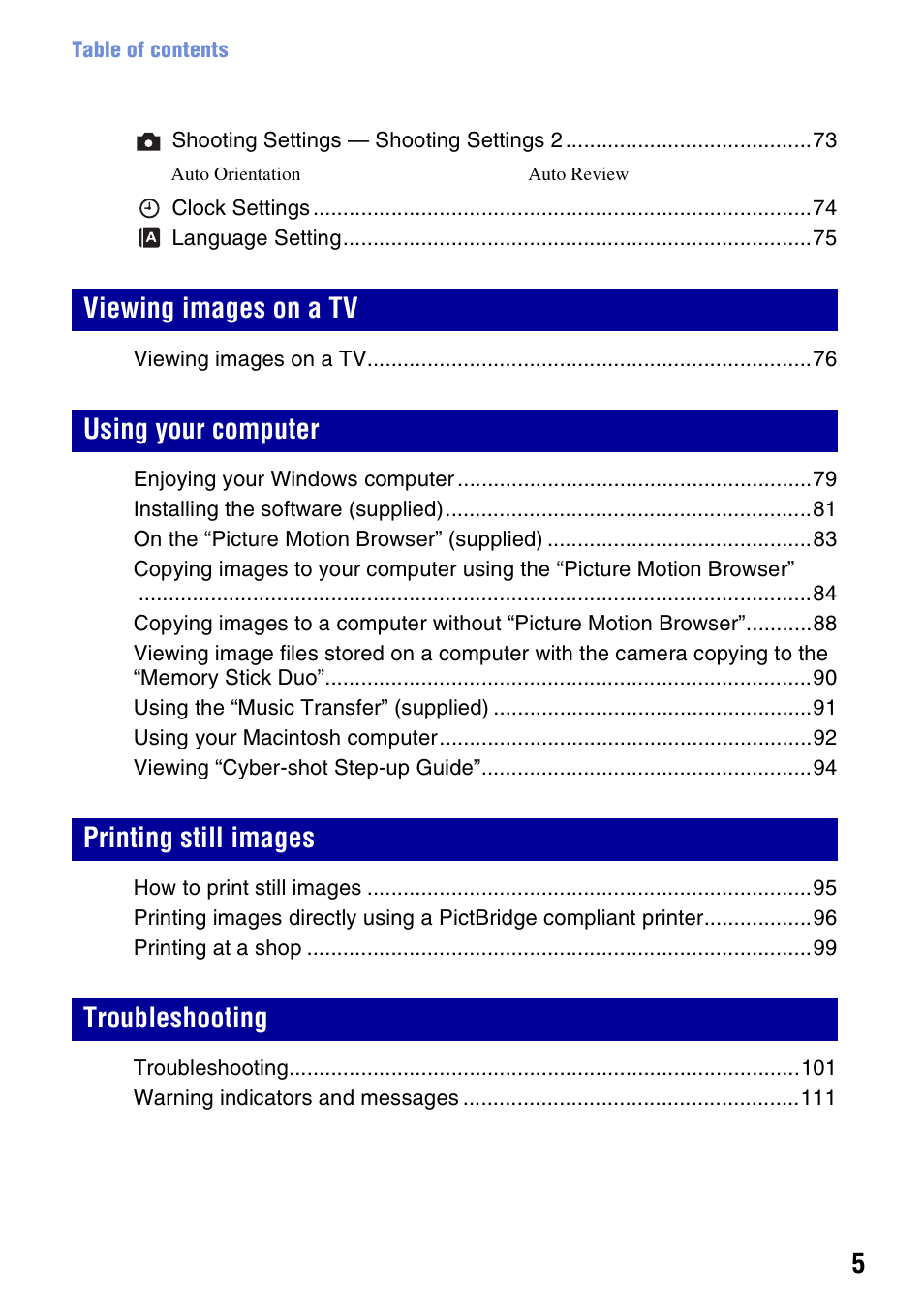 Sony DSC-H10 User Manual | Page 5 / 123
