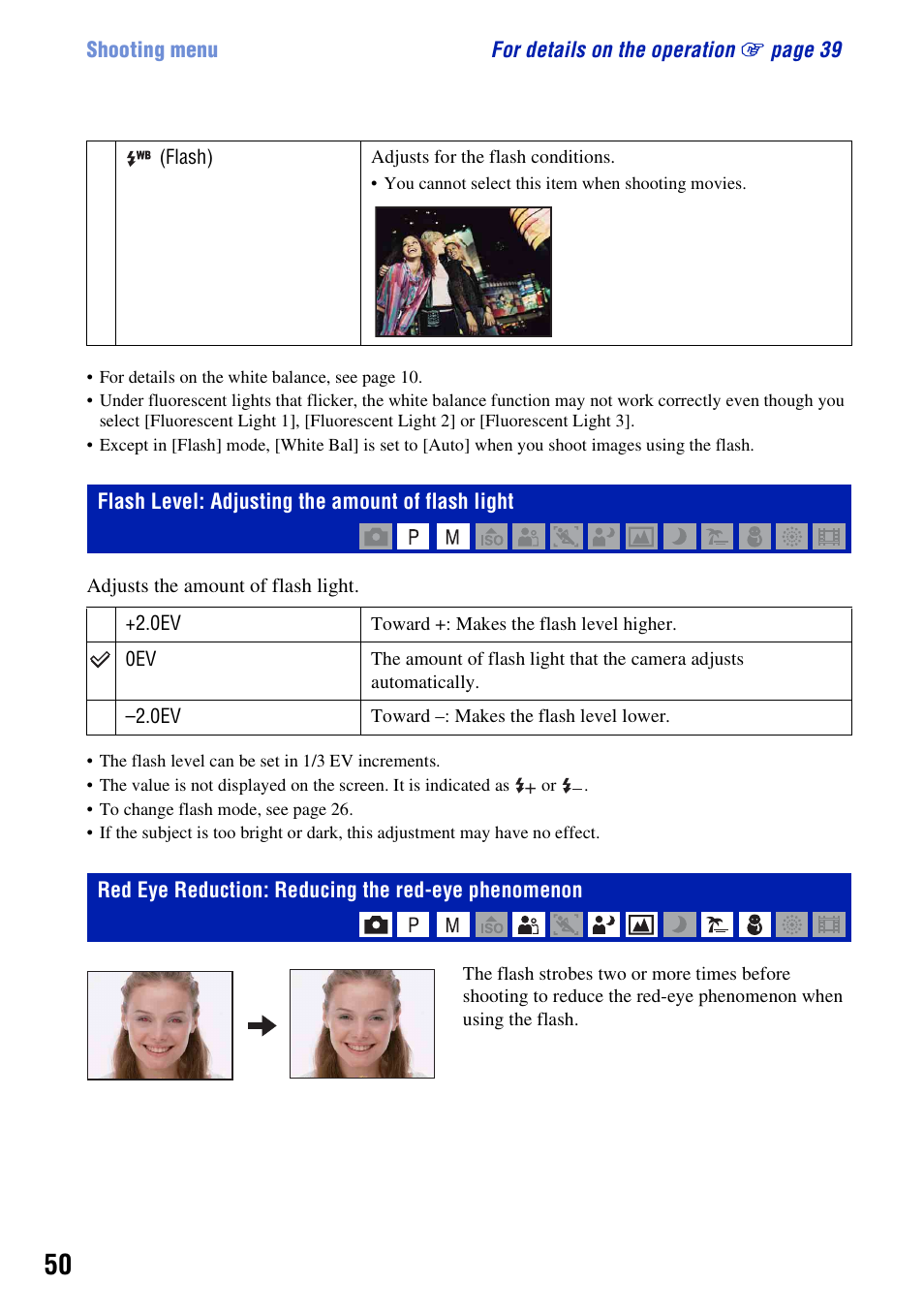 Flash level: adjusting the amount of flash light, Red eye reduction: reducing the red-eye phenomenon | Sony DSC-H10 User Manual | Page 50 / 123